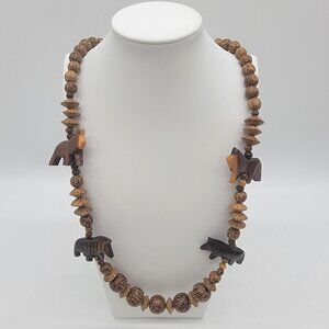 Vintage Hand Carved African Safari Wood‎ Necklace Zebras Wolves Detailed Beads